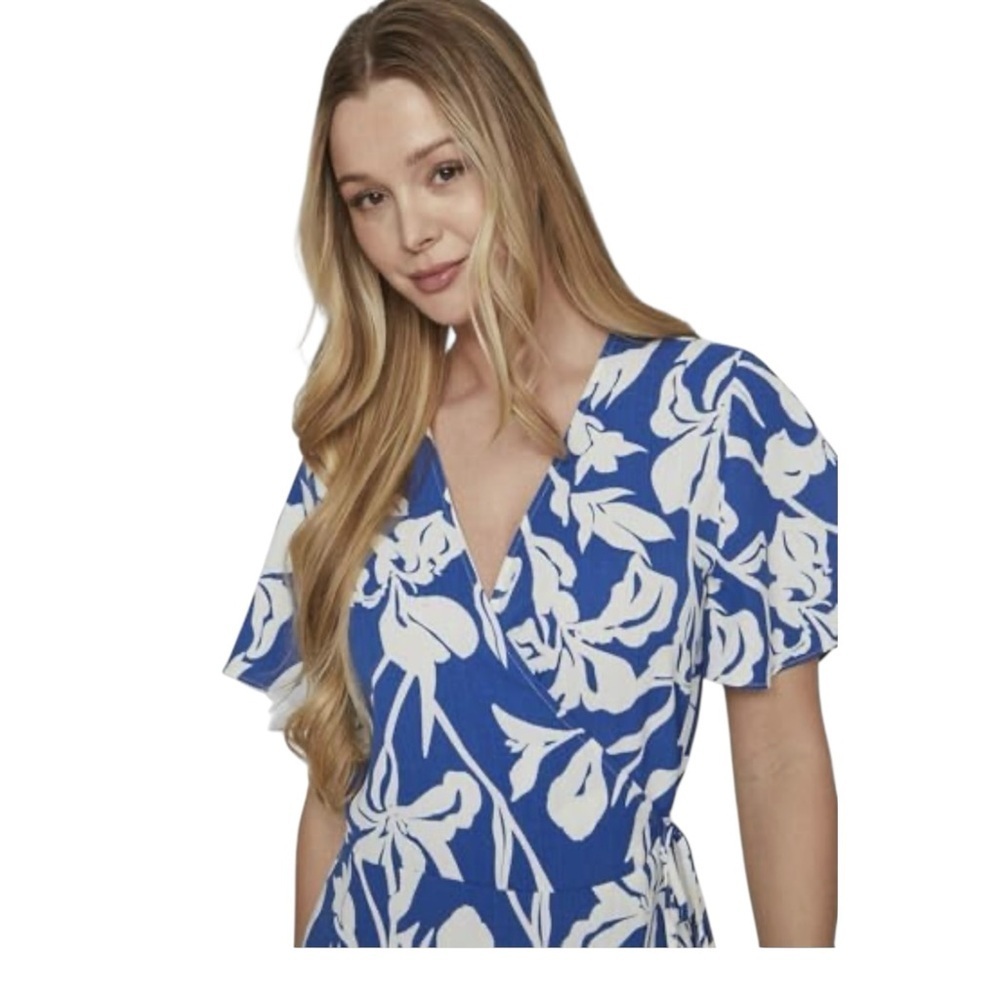 Women's (EU 34) XS Blue White Floral Vacation Midi Flowy Tropical Wrap Dress - Picture 7 of 7
